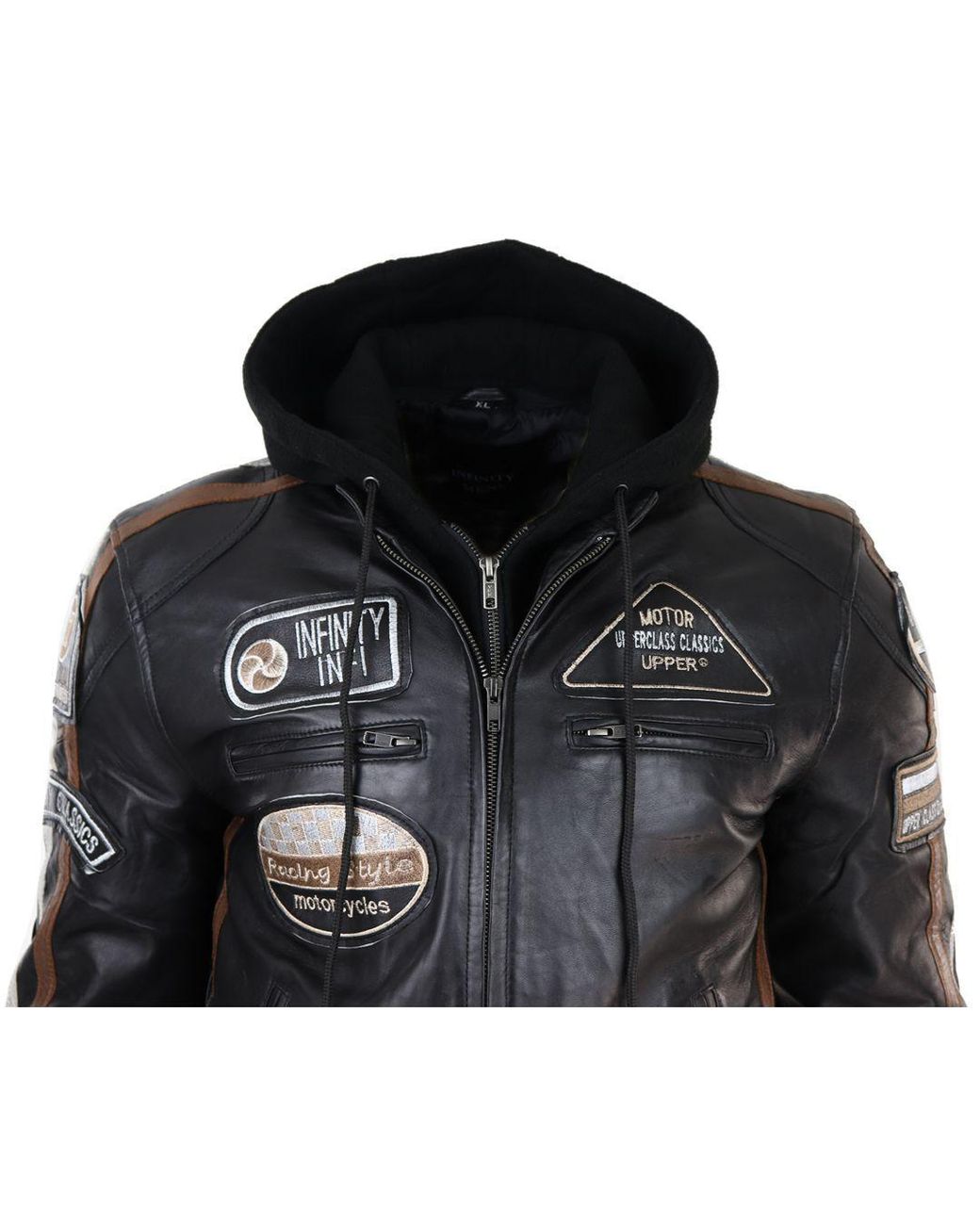 TruClothing Black Hooded Zipped Biker Leather Jacket for men