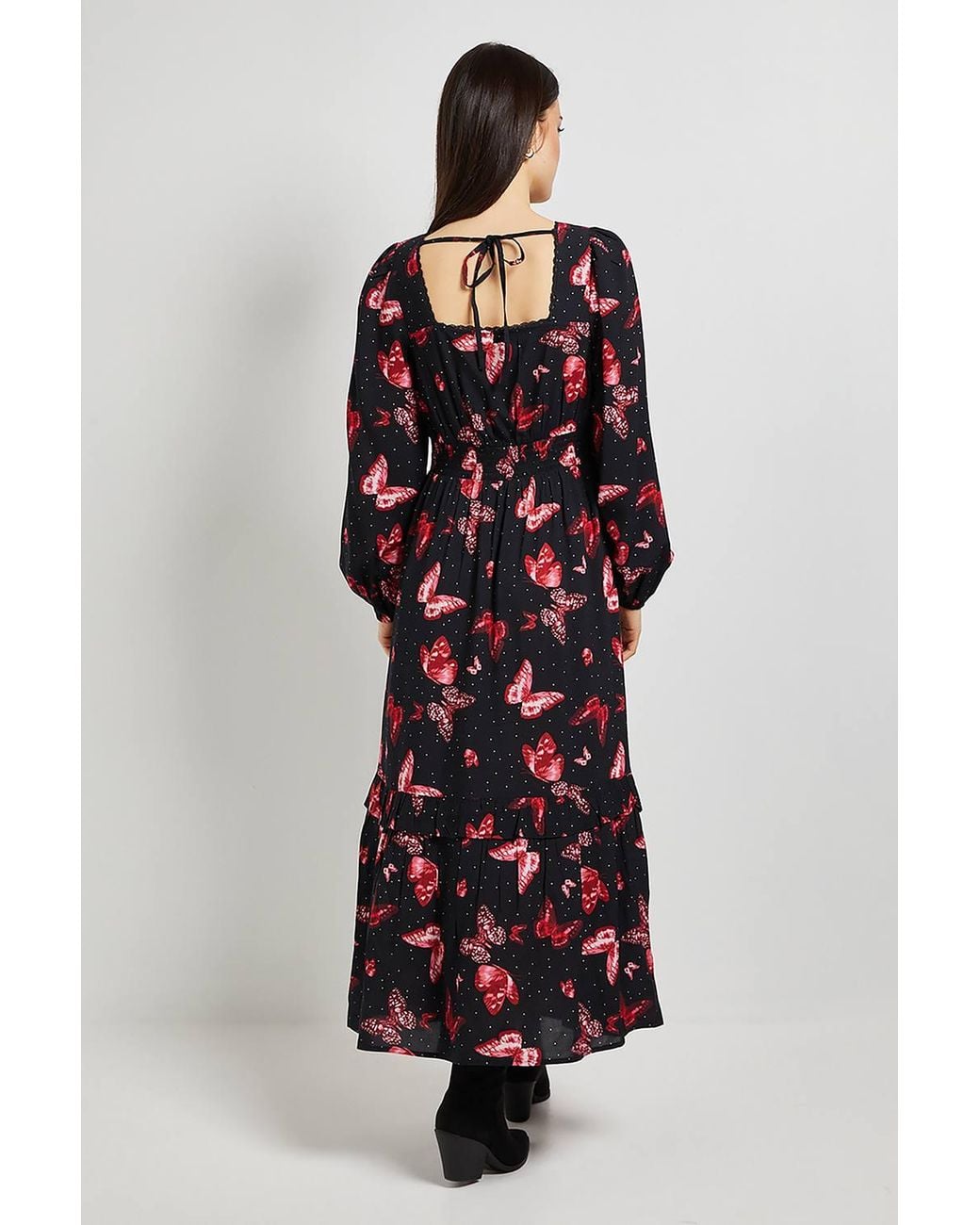 Dorothy Perkins Pink Butterfly Sweetheart Neck Frill Tier Detail Long Sleeve Maxi Dress