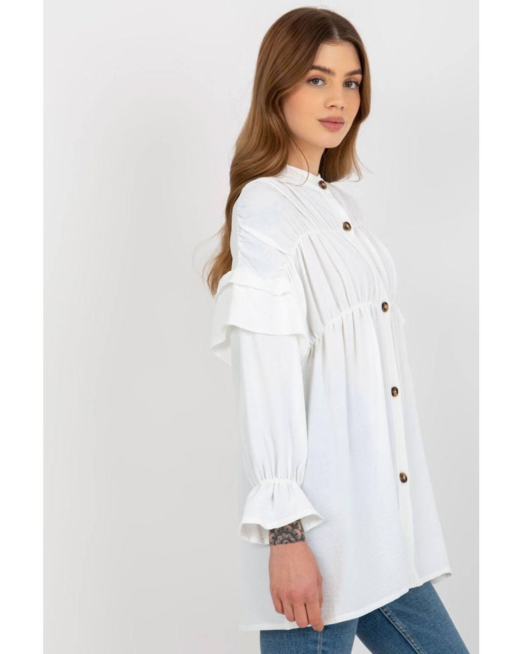KDMD White Long Sleeve Loose Button Down Shirt Ruffles