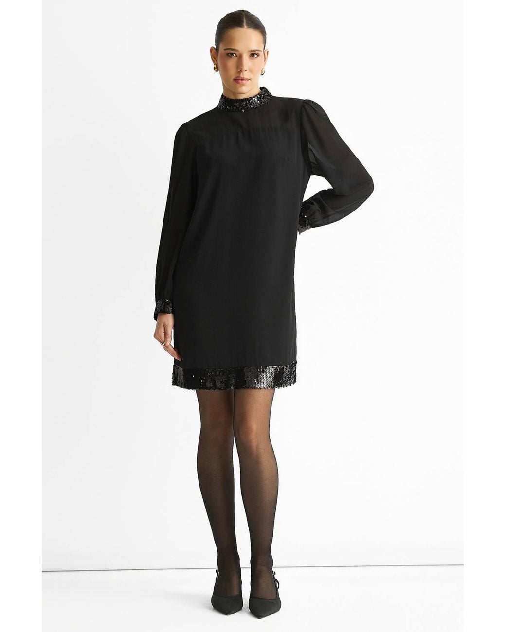 Gini London Black Sequin Trim High Neck Belted Mini Dress