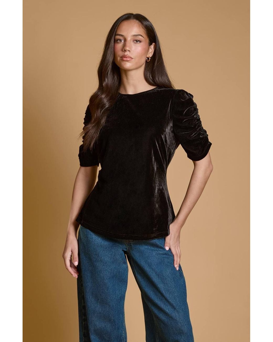 Oasis Blue Velvet Puff Sleeve Top