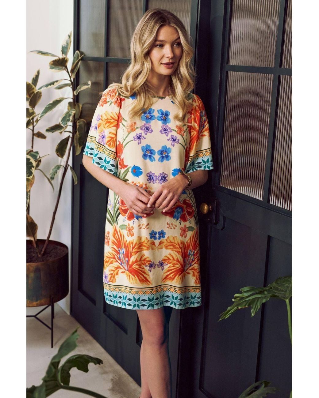 Izabel London Orange Floral Border Print Short Shift Dress