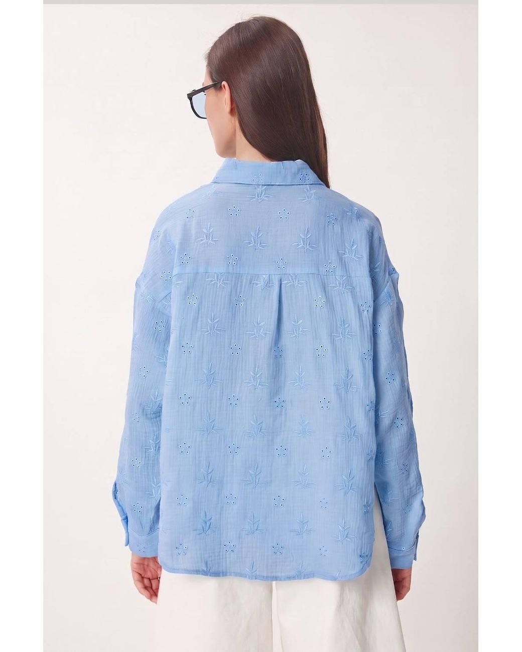 Happiness İstanbul Blue Textured Embroidered Long Sleeve Shirt With Button Closure