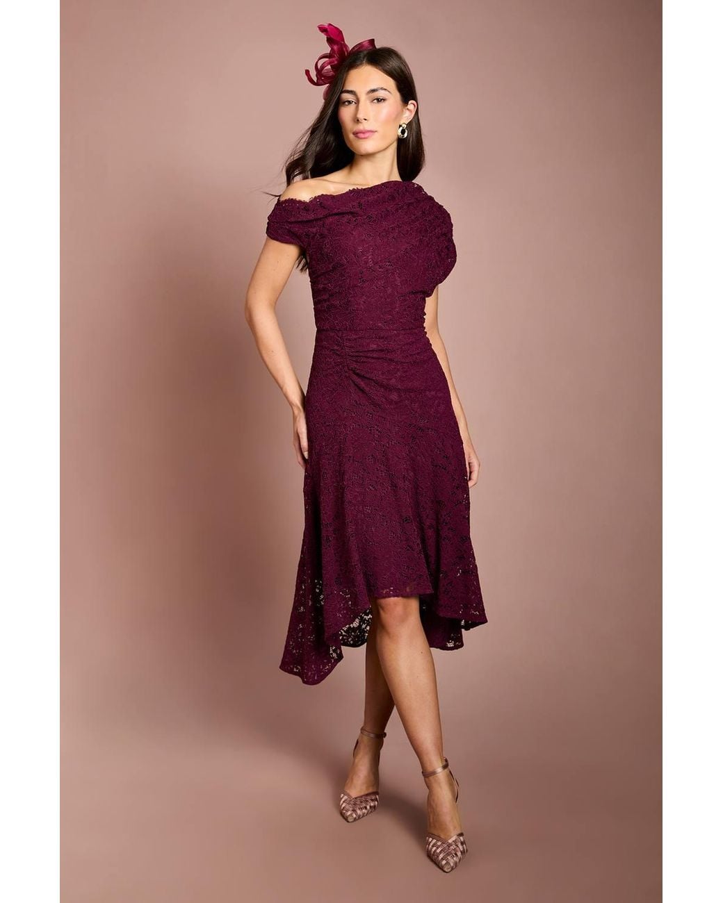 Coast Purple Off The Shoulder Lace Hi Lo Dress