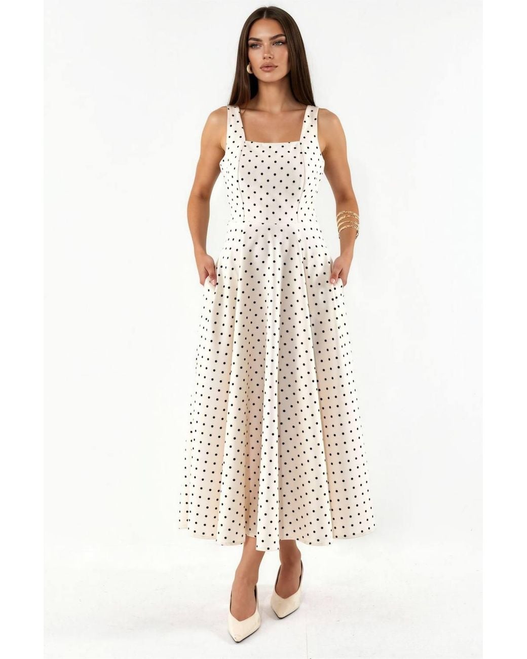 Hiccup White Polka Dot Tie Detail Midi Dress