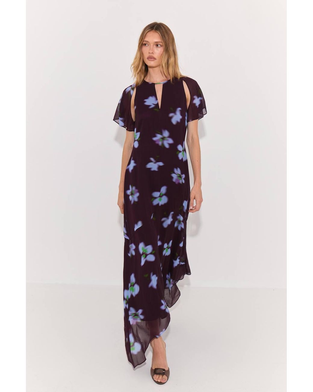 Warehouse White Flared Sleeve Cut Out Asymmetric Hem Floral Print Midaxi Dress