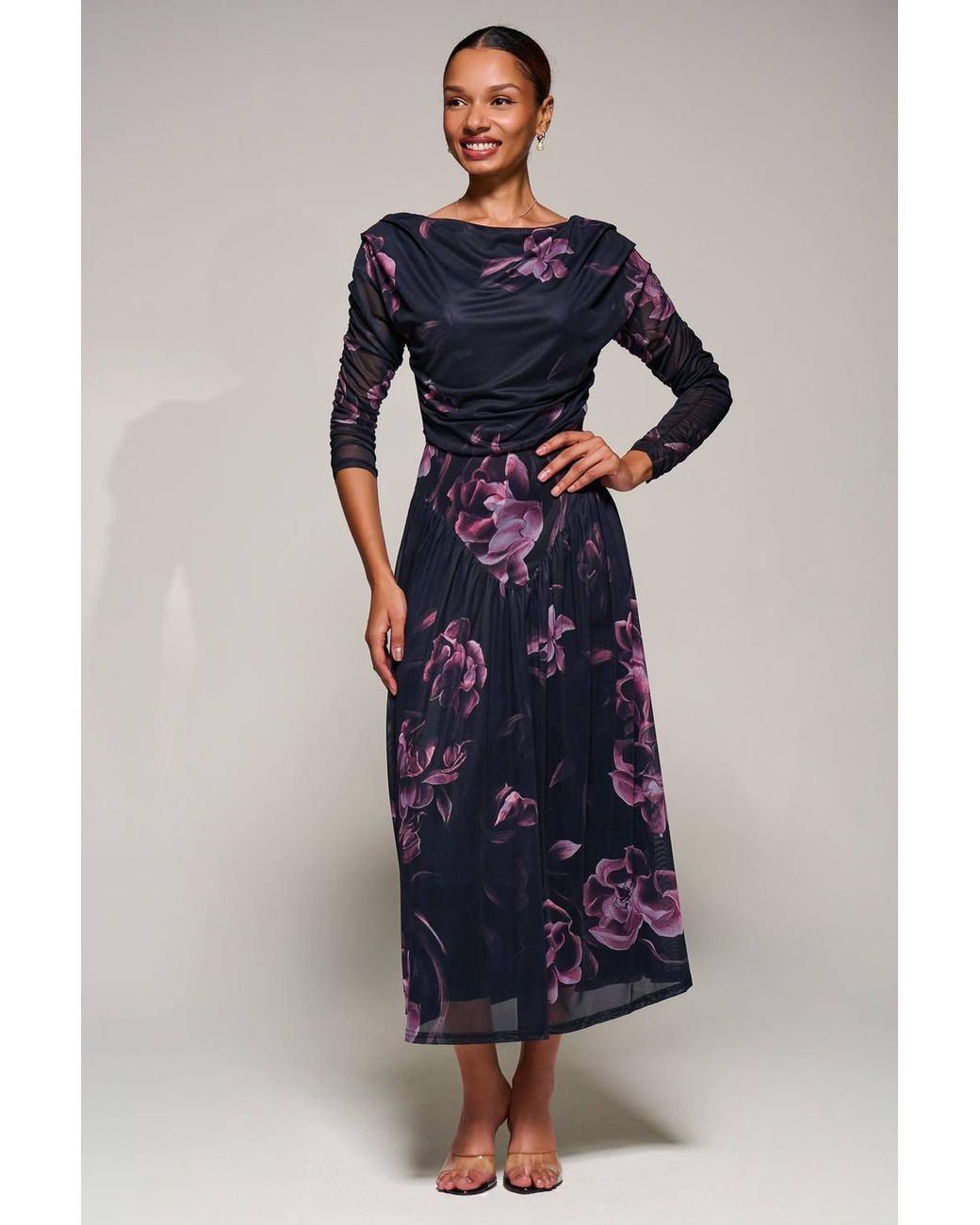 Jolie Moi Blue Long Sleeve Asymmetric Mesh Midi Dress