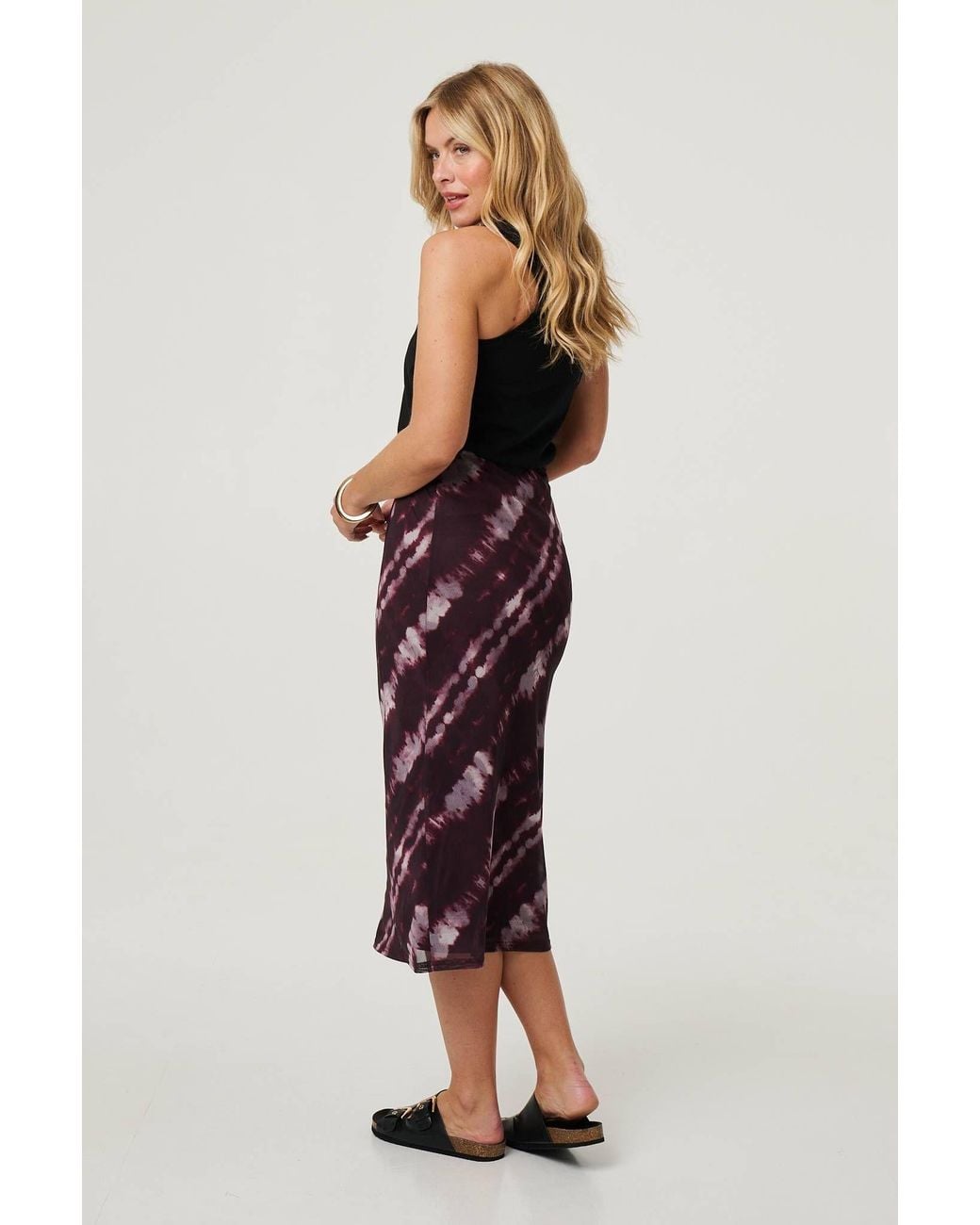 Izabel London Red Tie Dye Ruched High Waist Midi Skirt