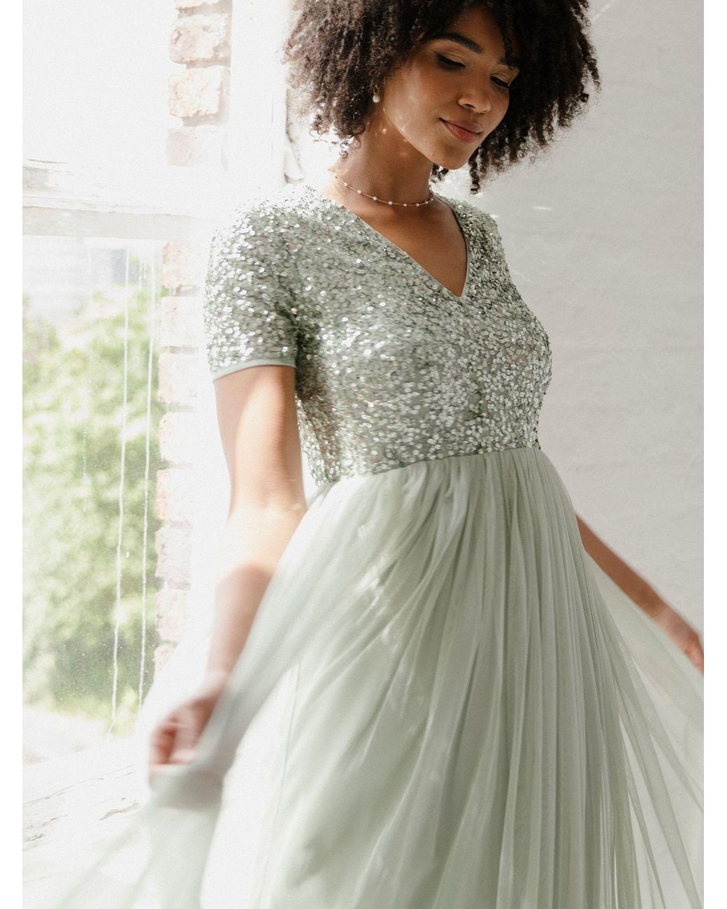 Maya Deluxe White Short Sleeve V Neck Embellished Maxi Dress