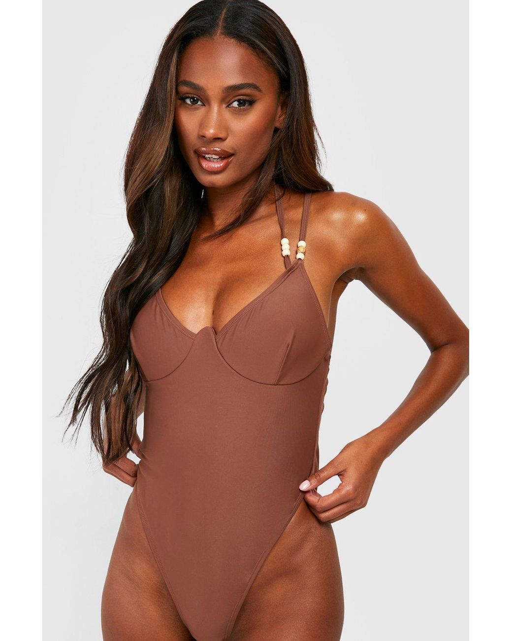 Boohoo Wooden Bead Strap Detail Underwired Bathing Suit in Brown | Lyst UK