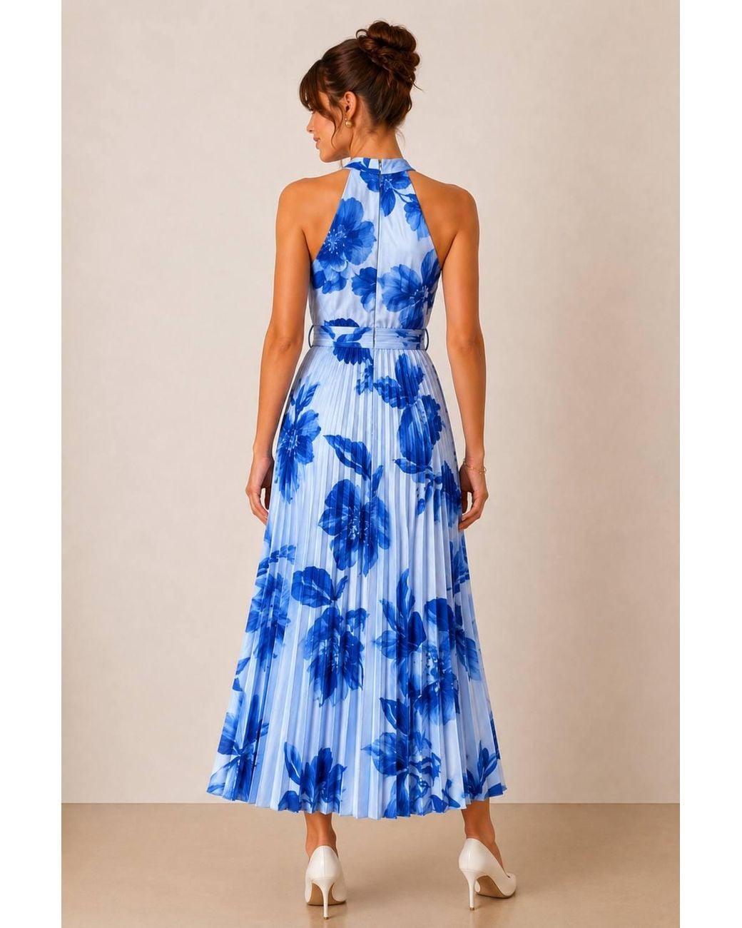 Style Cheat Blue Paige Halter Pleated Belted Dress Floral
