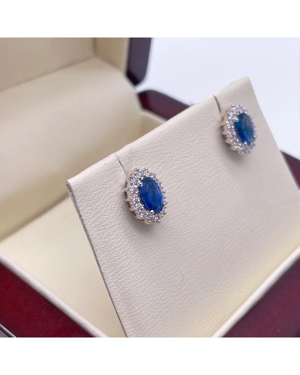 Raina Jewels Blue 18Ct Natural Sapphire & Diamond Oval Cluster Earrings 1.30Ct