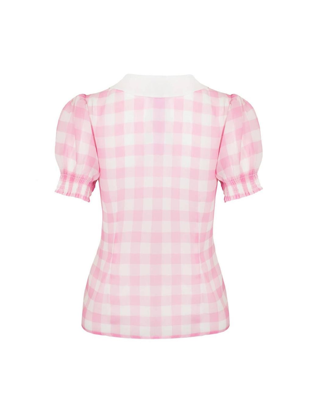 Hell Bunny Pink Cindy Gingham Chiffon Blouse With Puff Sleeves & Bow Collar
