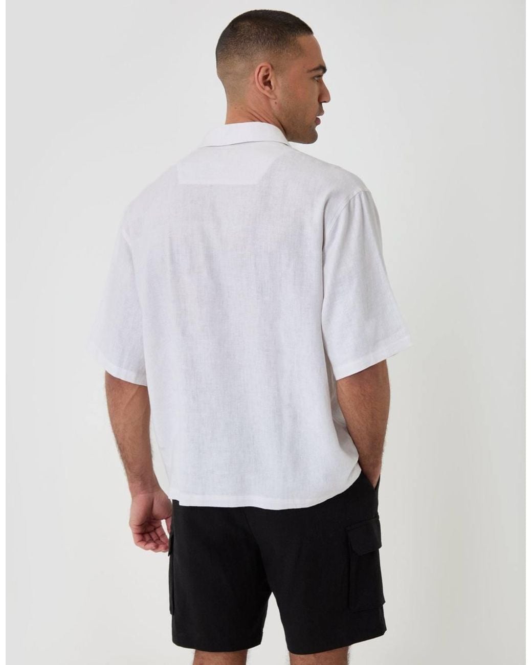 Threadbare White Boxy Fit Linen Blend Short Sleeve Shirt for men