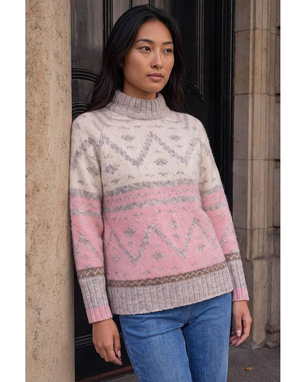 Roman Pink Petite Aztec Colour Block Knit Jumper