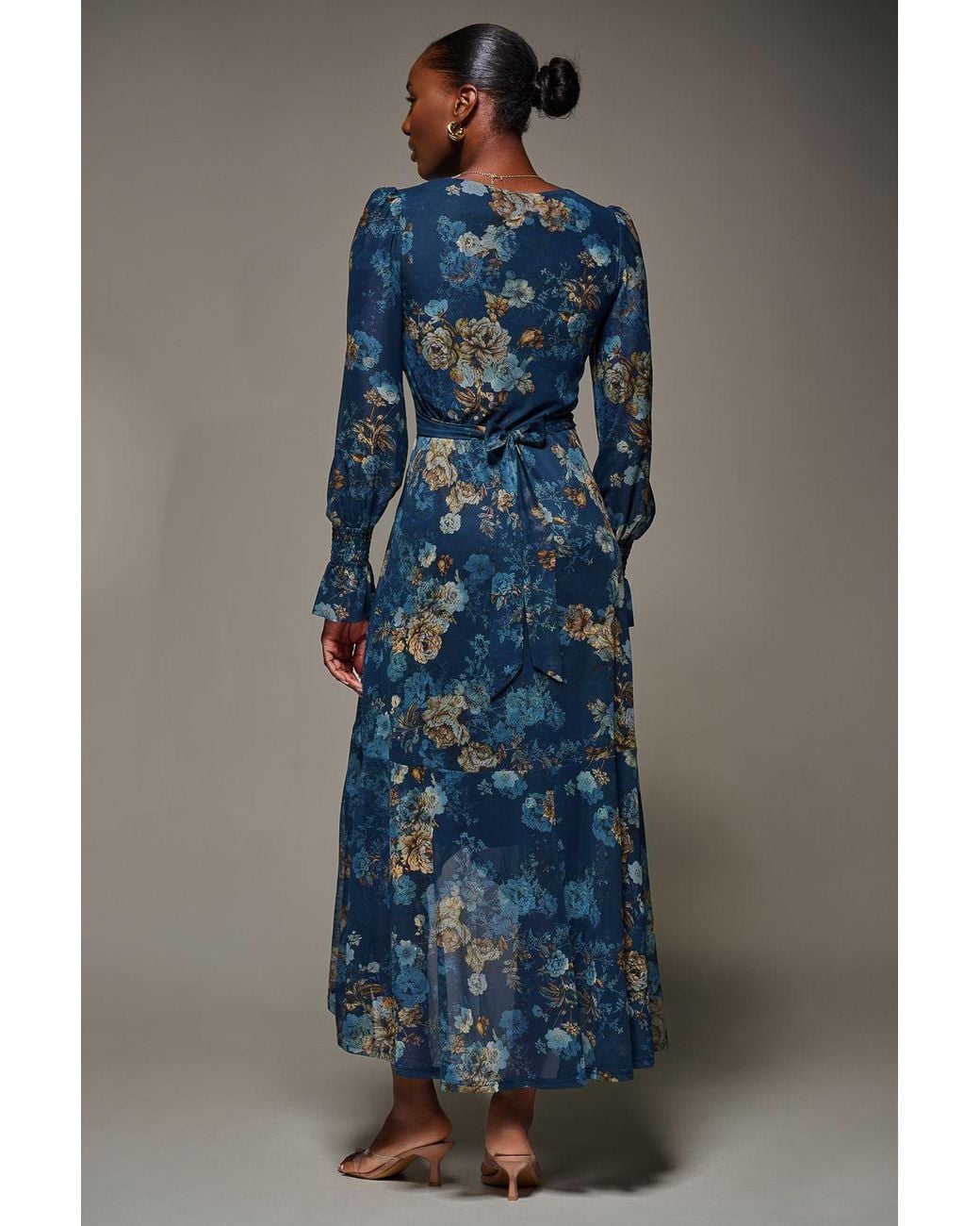 Jolie Moi Blue Long Sleeve Frill Hem Mesh Maxi Dress