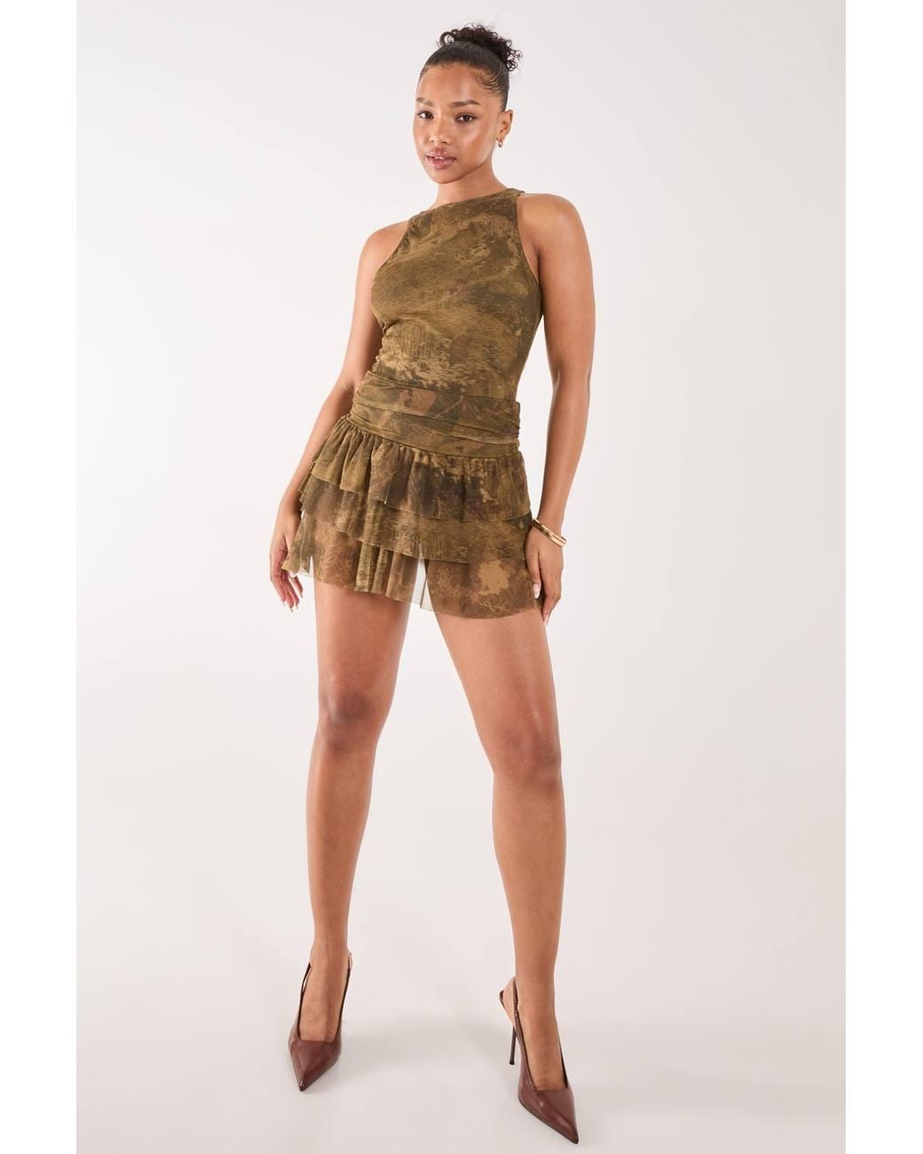 Pink Vanilla Green Distressed Print Ruffle Playsuit