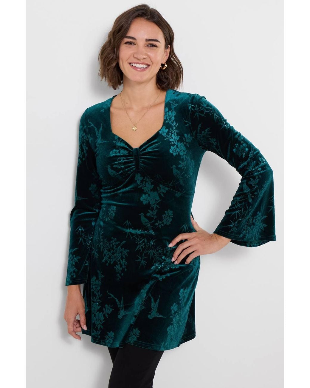 Joe Browns Green Floral Embossed Velour Tunic Top
