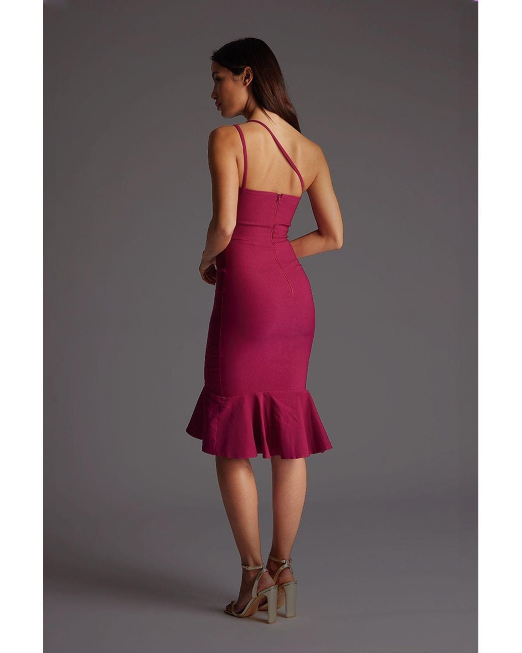 Vesper Red One Shoulder Midi Dress With Frill