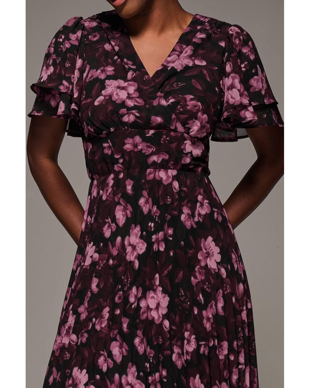 Jolie Moi Brown Chiffon Ruffle Sleeve Pleated Maxi Dress