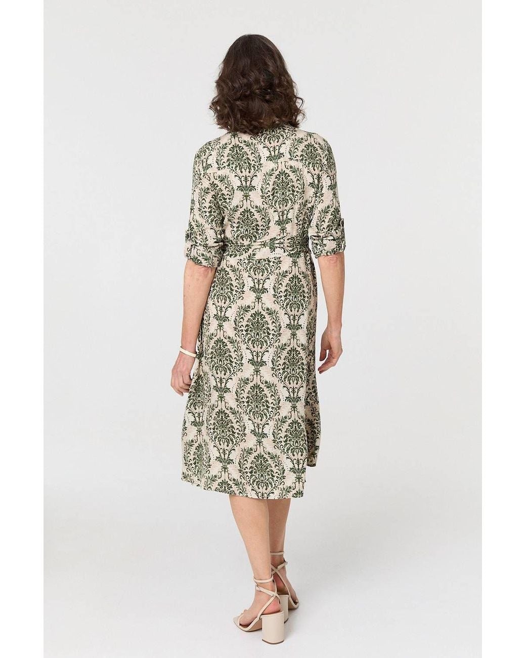 Izabel London Green Baroque Print Tie Waist Midi Shirt Dress