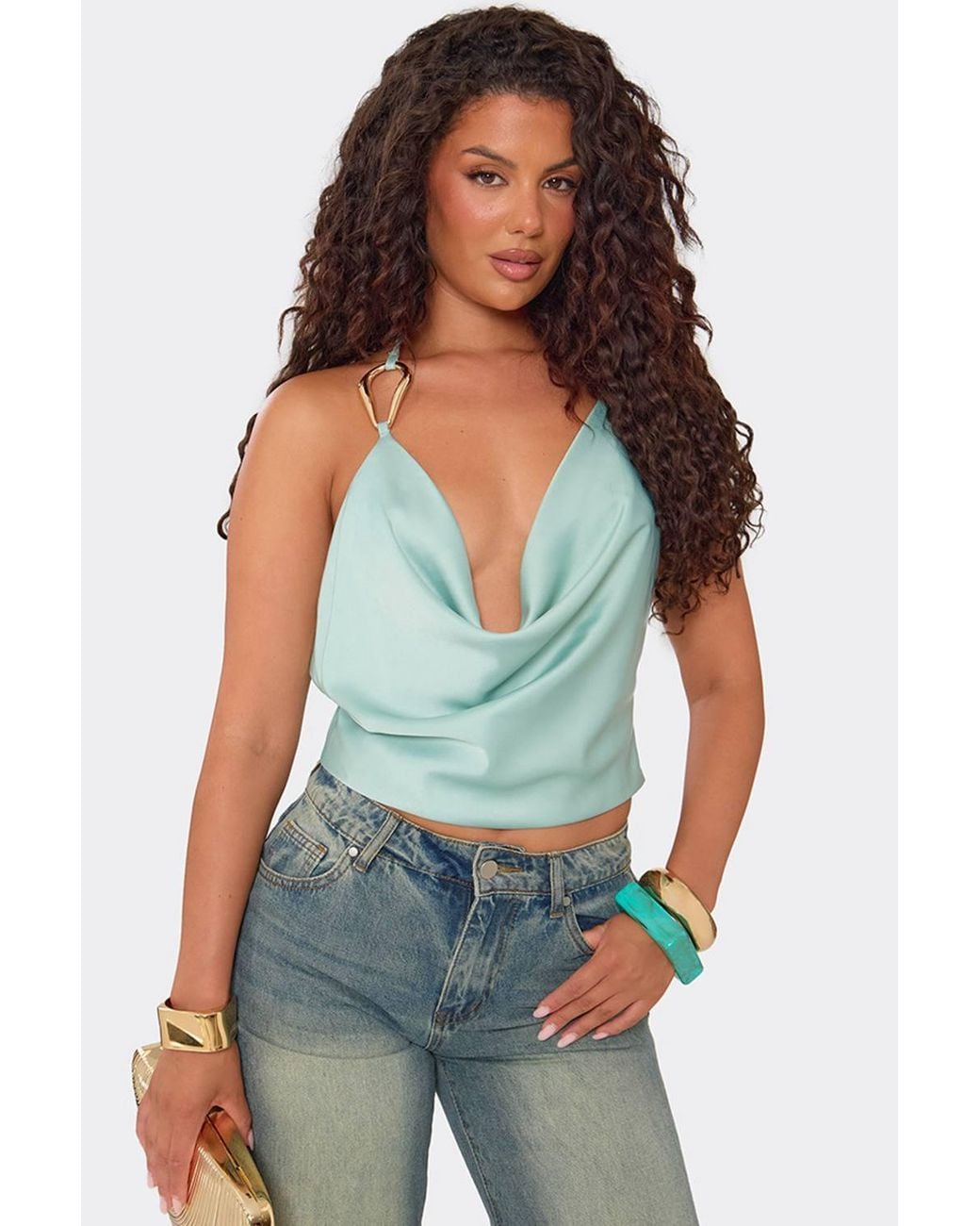 EGO White Sleeveless Halter Neck Satin Top