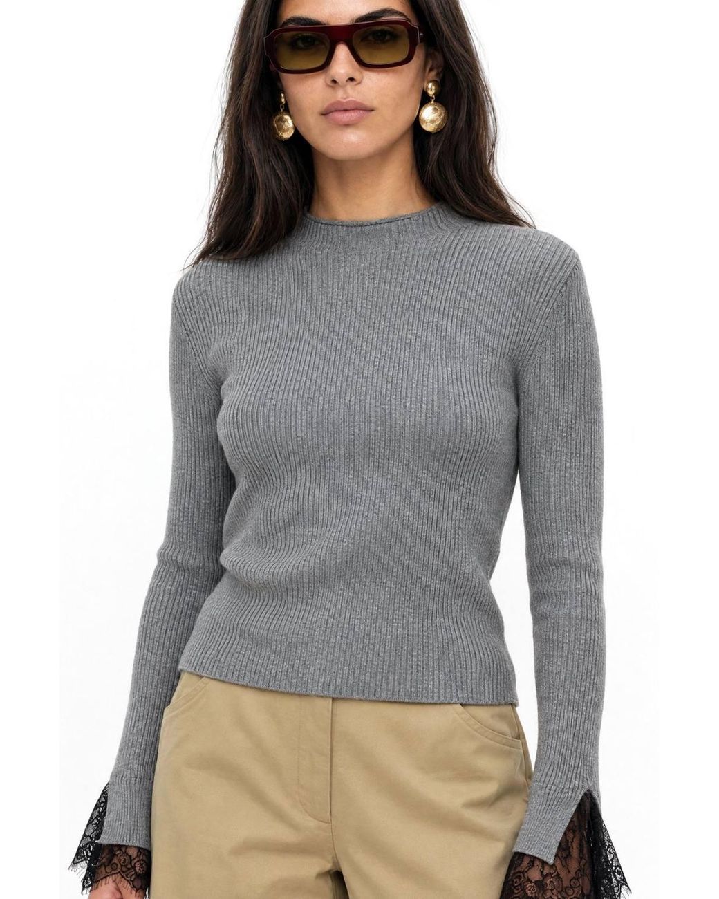 MixRay Gray Slim Fit Ribbed Knit Sweater With Crew Neck