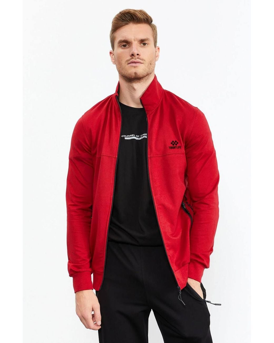 TOMMY LIFE Red Zip-Front Sweatshirt & Pants Set for men