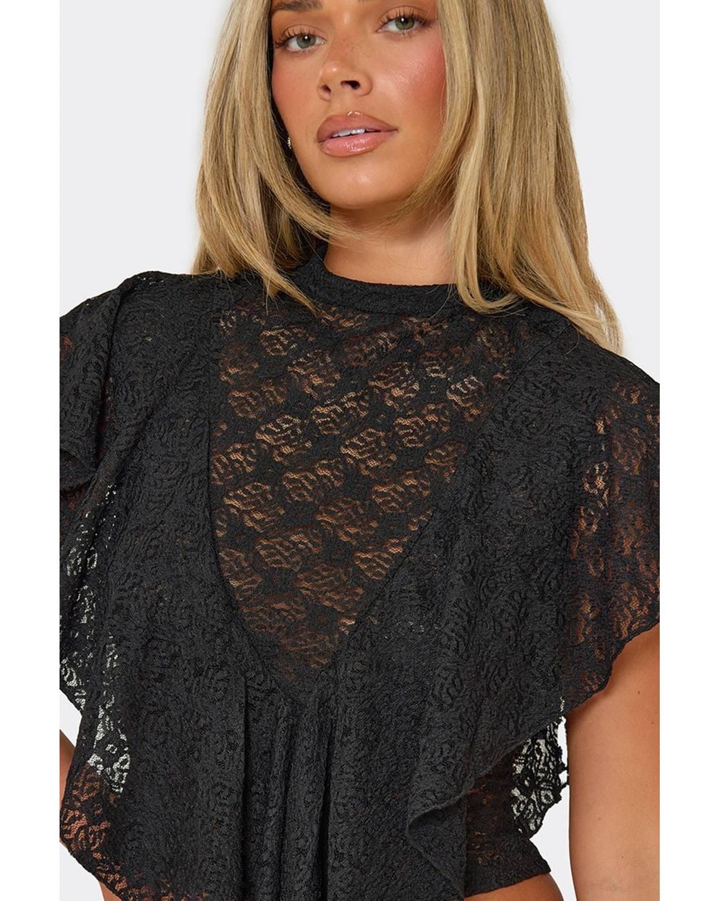 EGO Black Short Sleeve High Neck Frill Trim Top