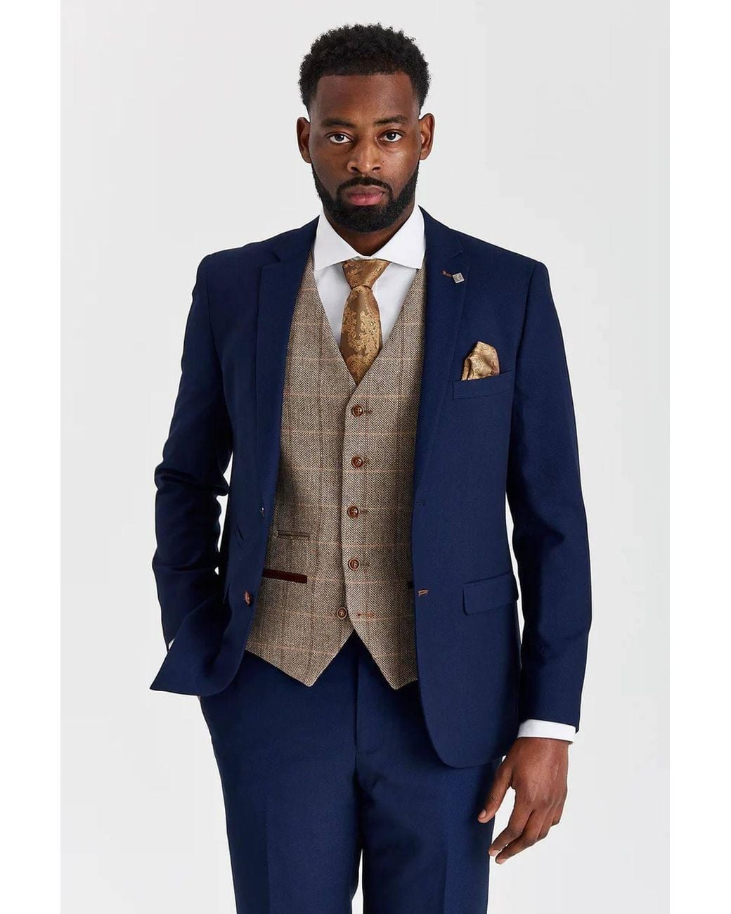 Paul Andrew Blue 3 Piece Textured Suit With Tweed Check Waistcoat for men
