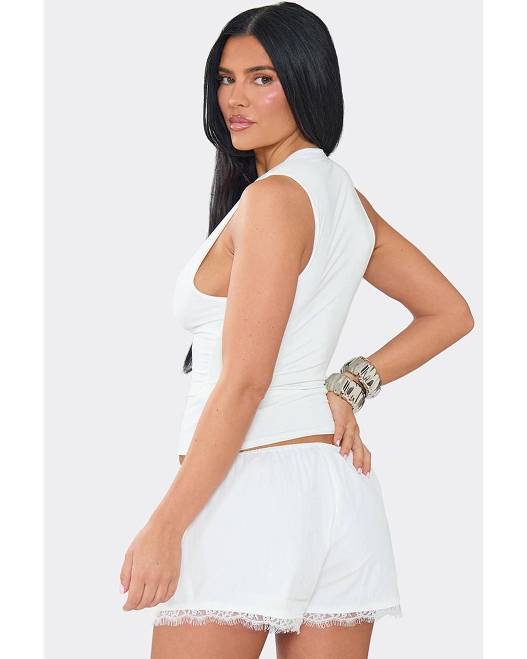 EGO White Lace Trim Mid Rise Mini Shorts