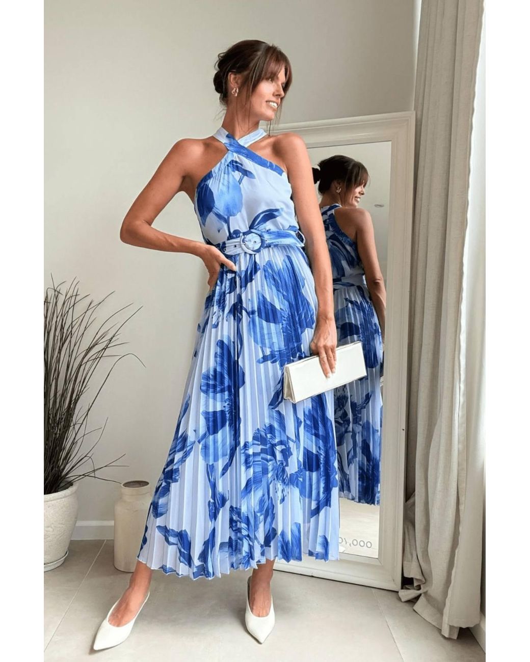 Style Cheat Blue Paige Halter Pleated Belted Dress Floral