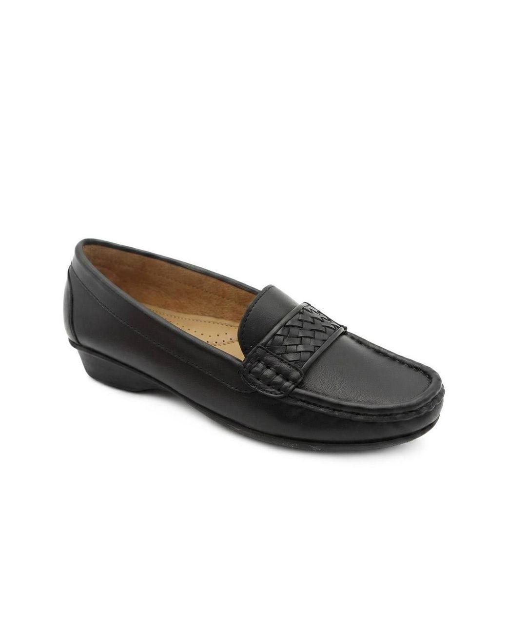 Pavers Black Leather Heeled Moccasins With Woven Detail