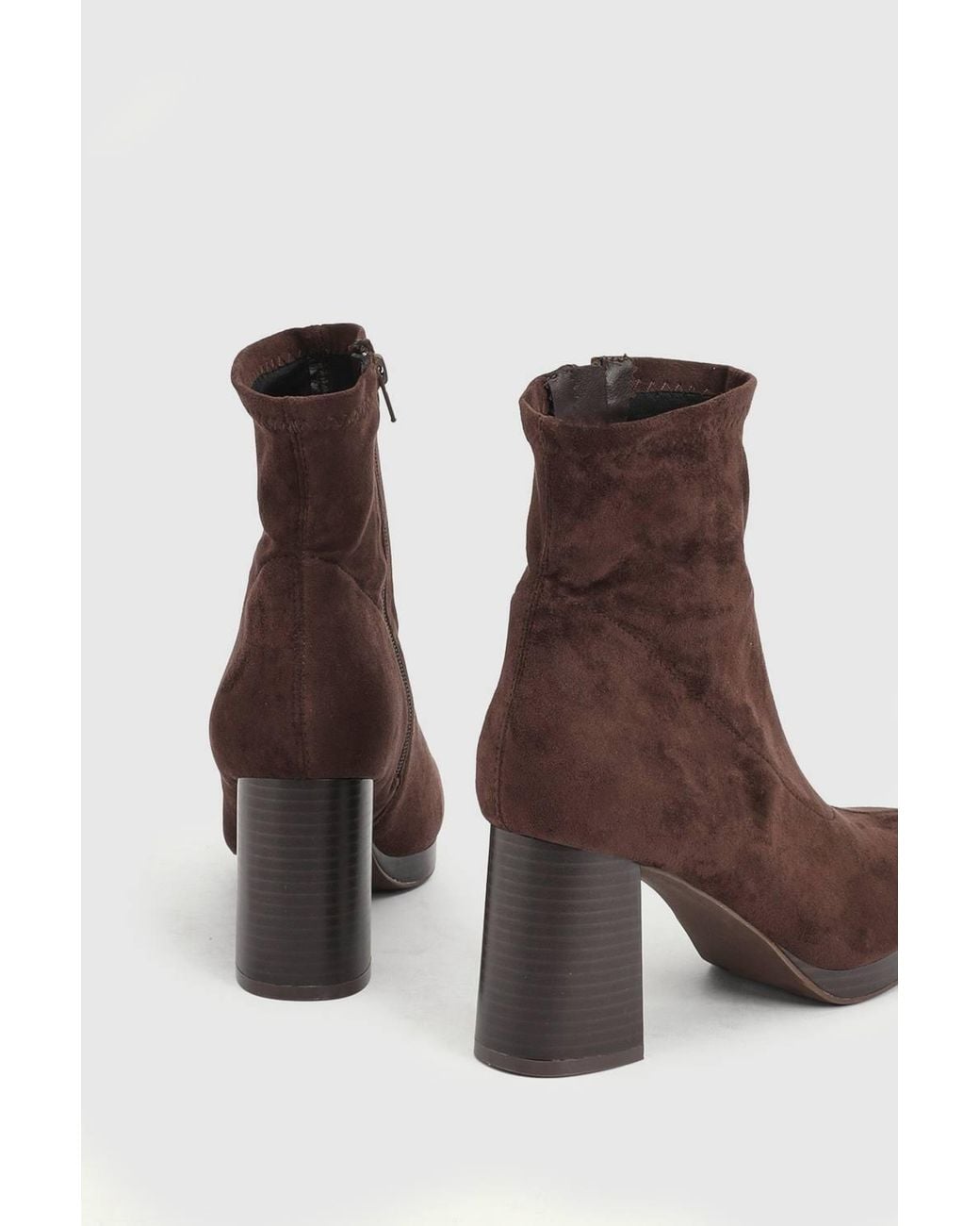 Oasis Brown Elora Faux Suede Stretch Pull On High Block Heel Ankle Boots