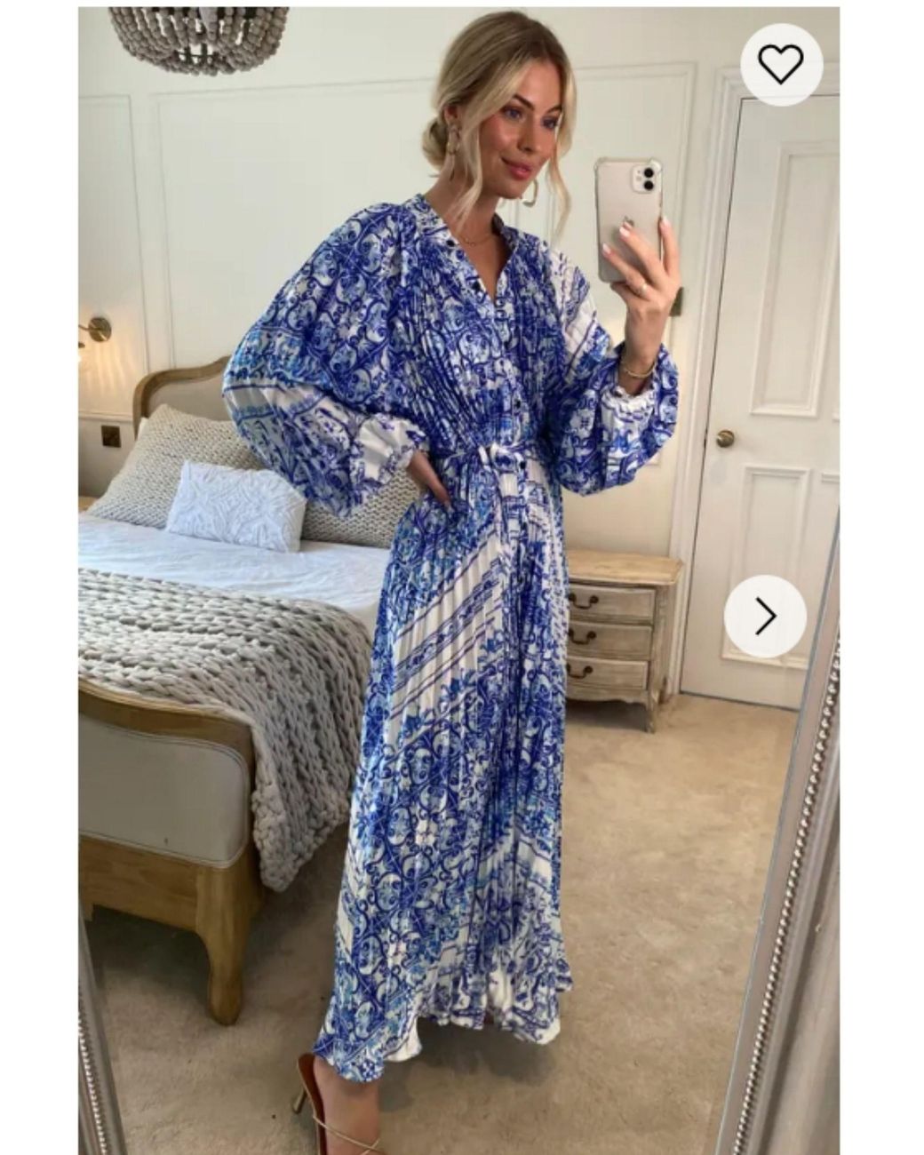 CY Blue Monochrome Scarf Print Pleated Long Shirt Dress