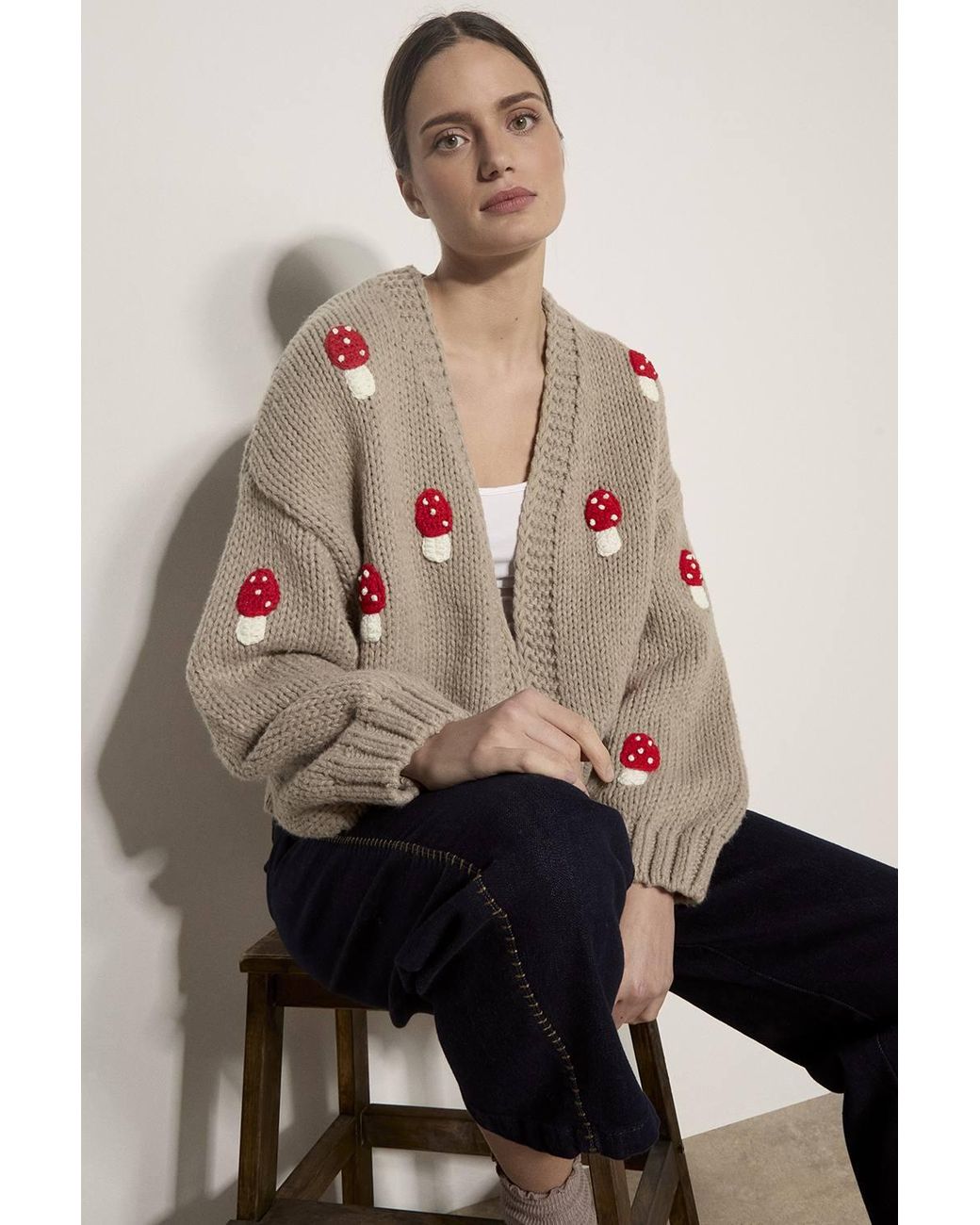 Apricot Natural Mushroom Appliqué Chunky Knit Cardigan
