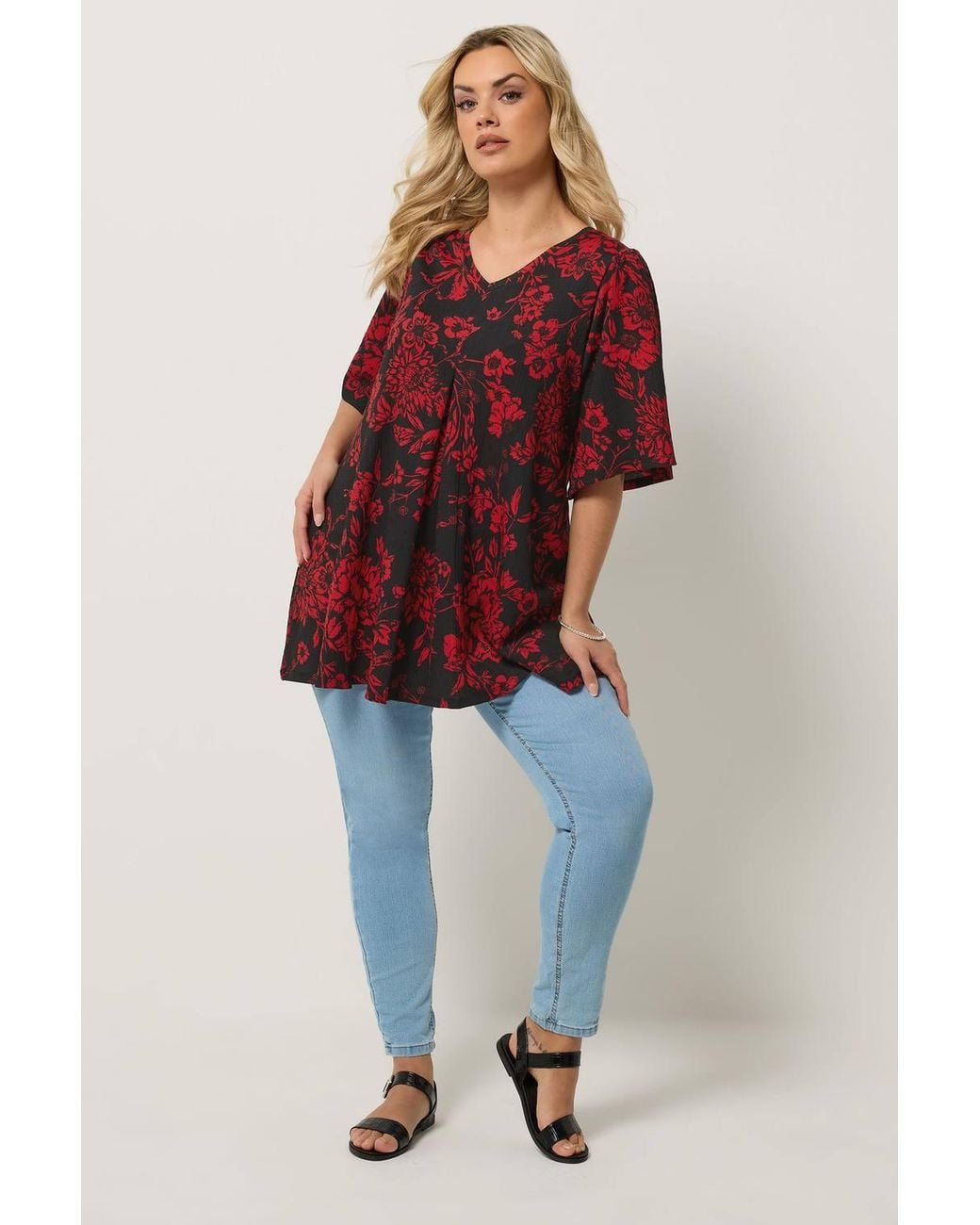 Yours Red Floral Pleat Front Top