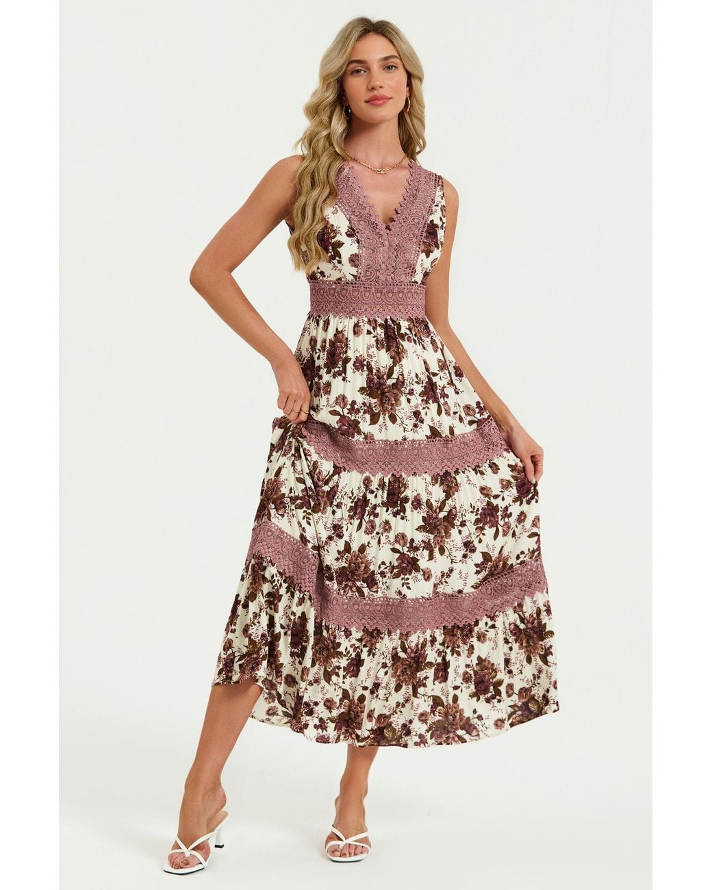 FS Collection White Floral Print Lace Detail Maxi Dress