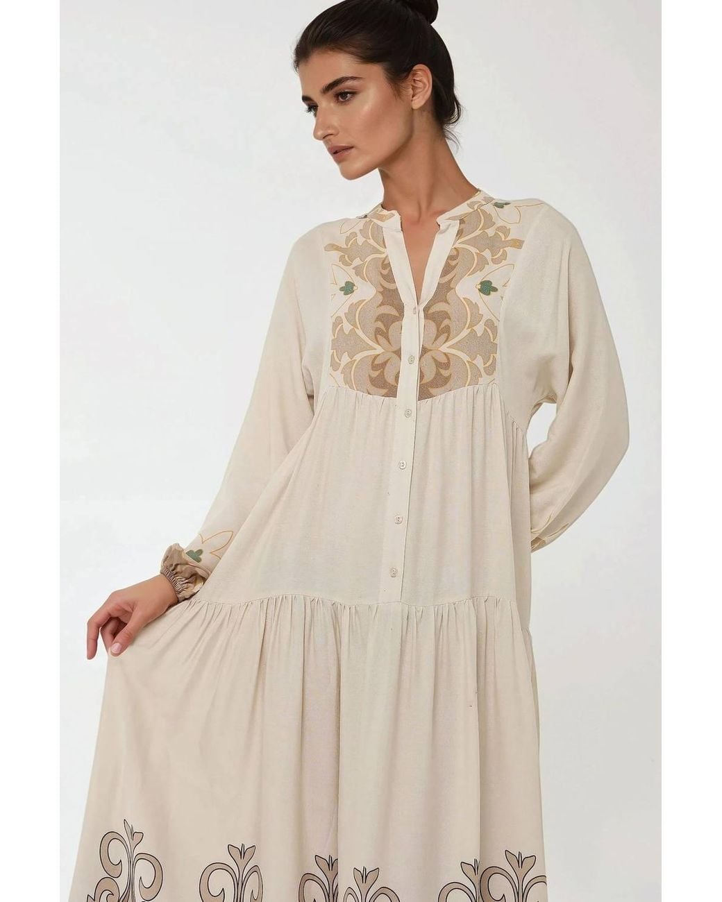 Hiccup Natural Printed Long Sleeve Viscose Maxi Dress