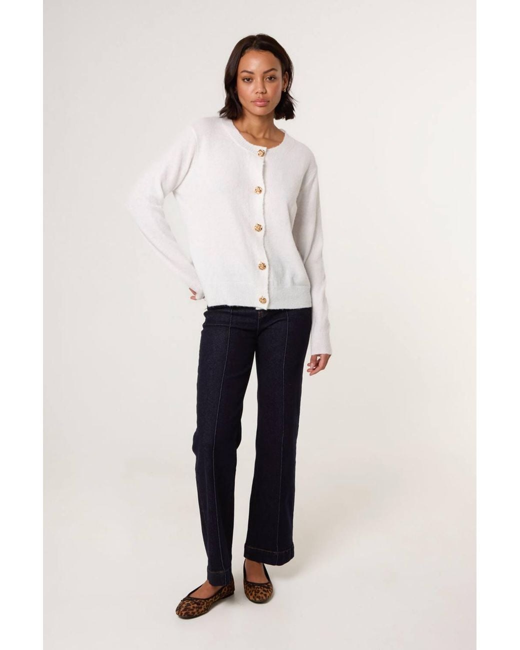 Blue Vanilla White Long Sleeve Button Up Round Neck Cardigan