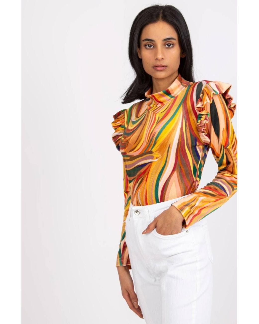 Love Lace Orange Velvet Long Sleeve Blouse With Ruffles
