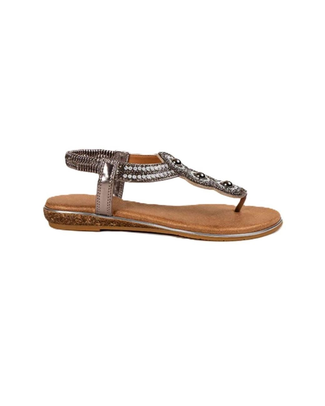 LARANGE Black Metallic T-Strap Rhinestone Sandals Elastic Back Sparkly Flat Shoes