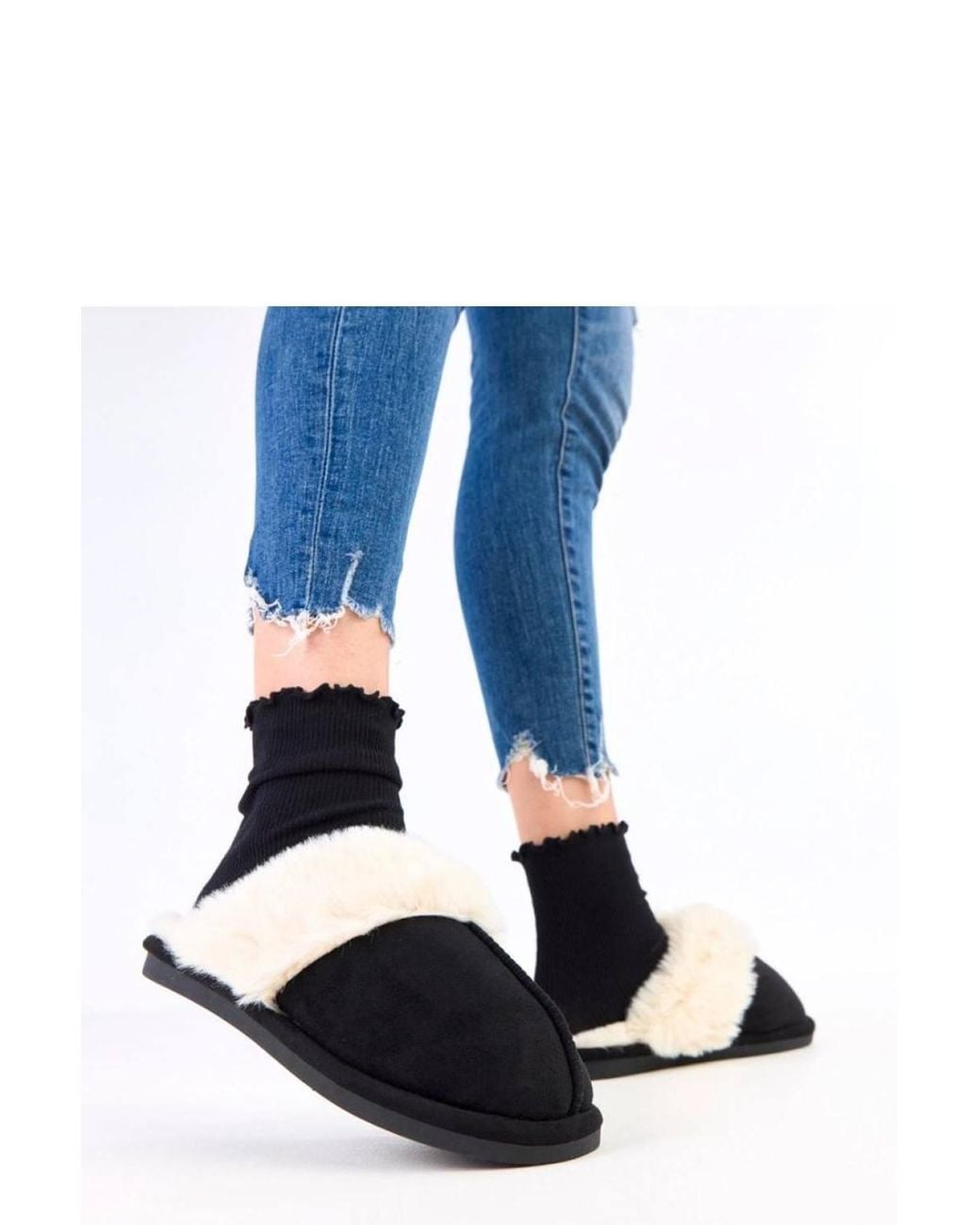 Love Lace Blue Fur Lined Slip On Slippers With Warm Insulated Insole Comfort
