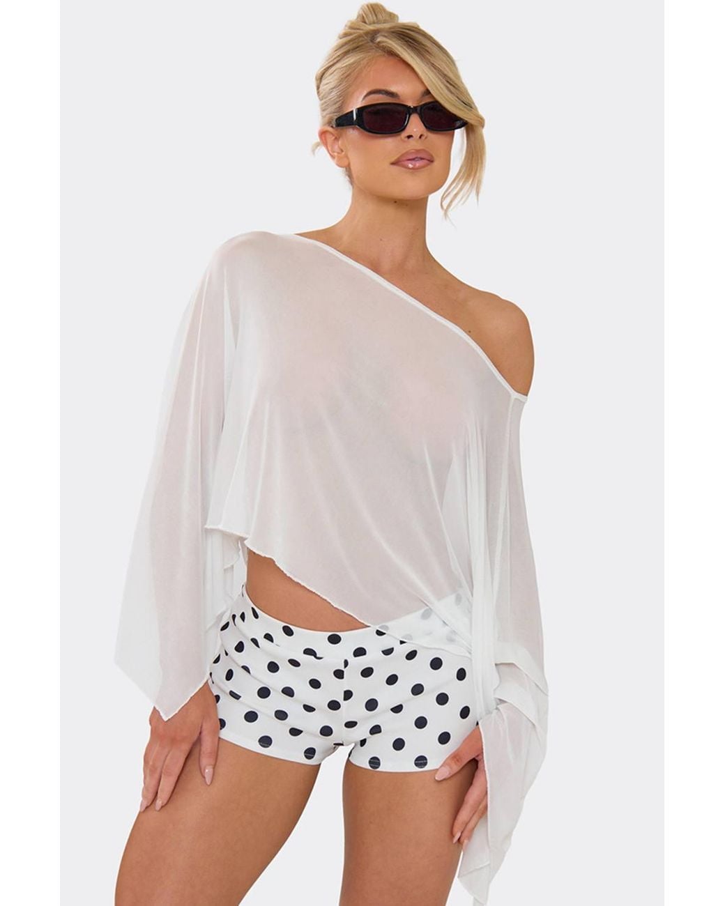 EGO White Long Sleeve Off-The Shoulder Mesh Top