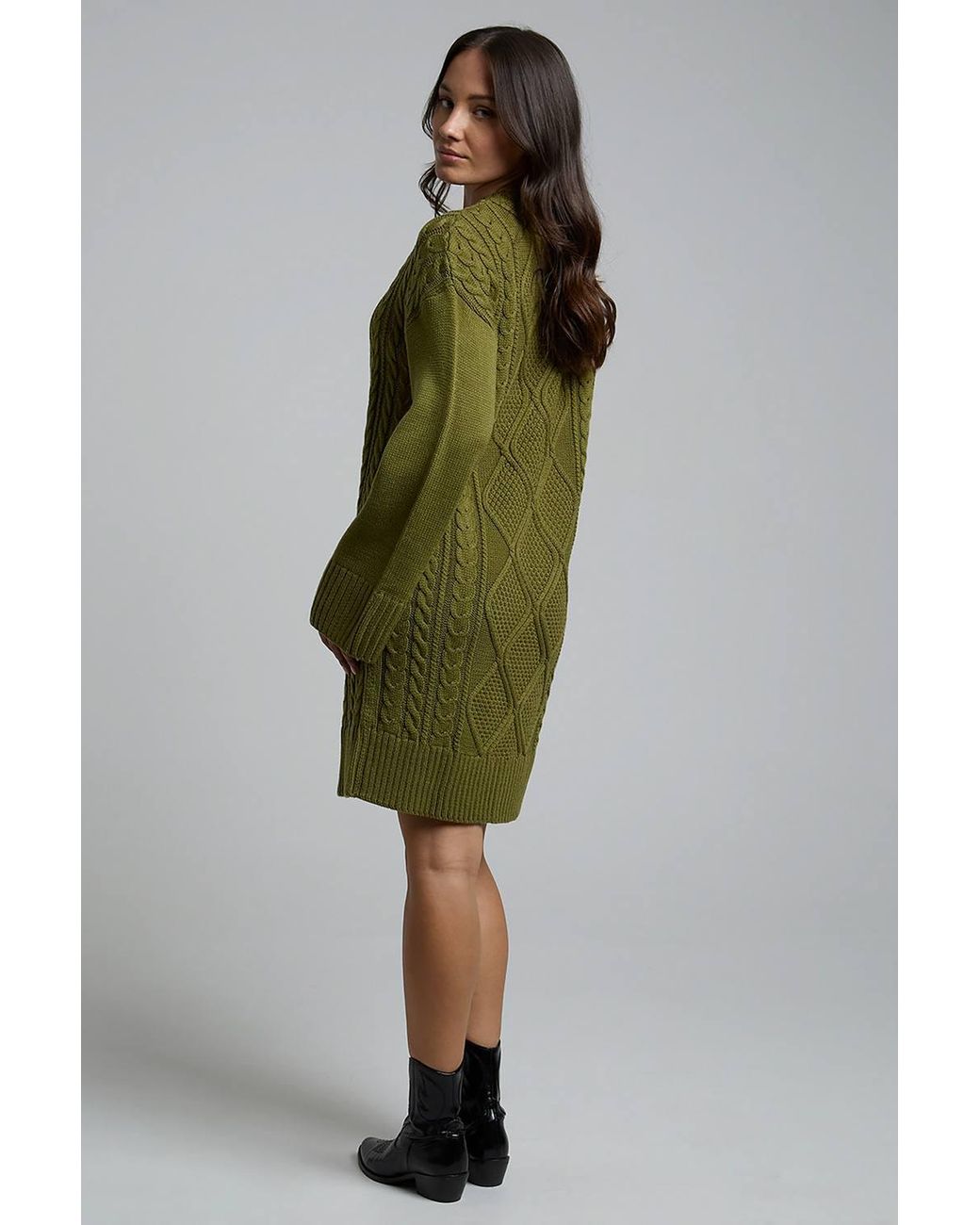 Influence Green Cable Knit Round Neck Long Sleeve Jumper Midi Dress