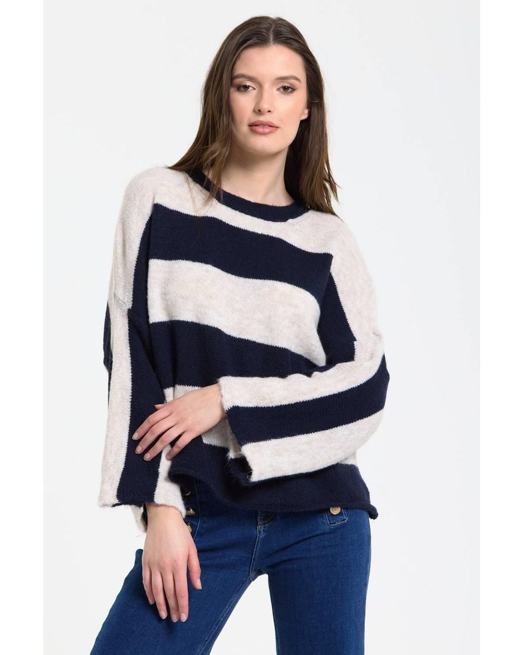Liquorish Blue Cream Stripe Wool Blend Jumper