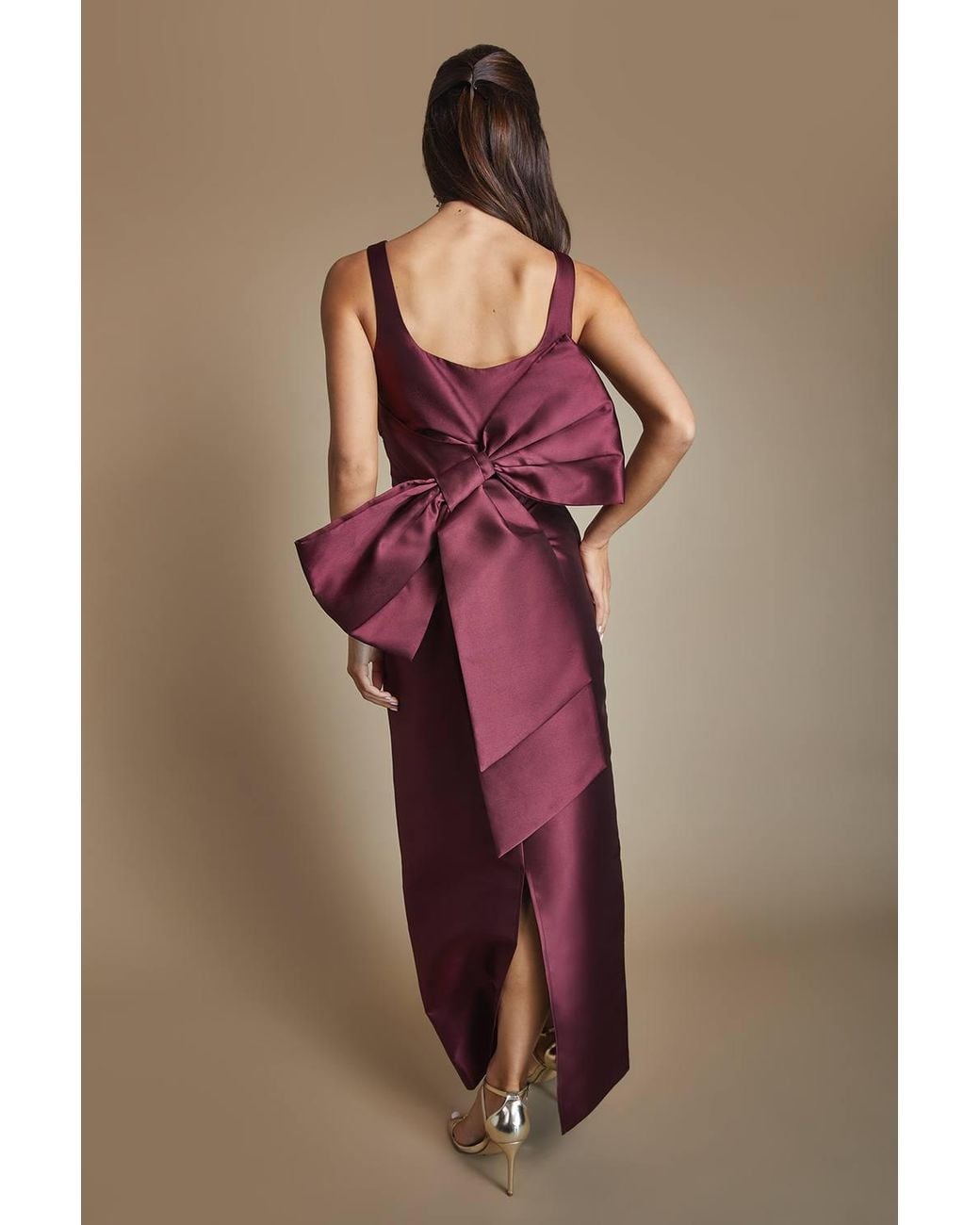 Coast Brown Twill Sleeveless Column Bridesmaid Dress With Statement Bow Back