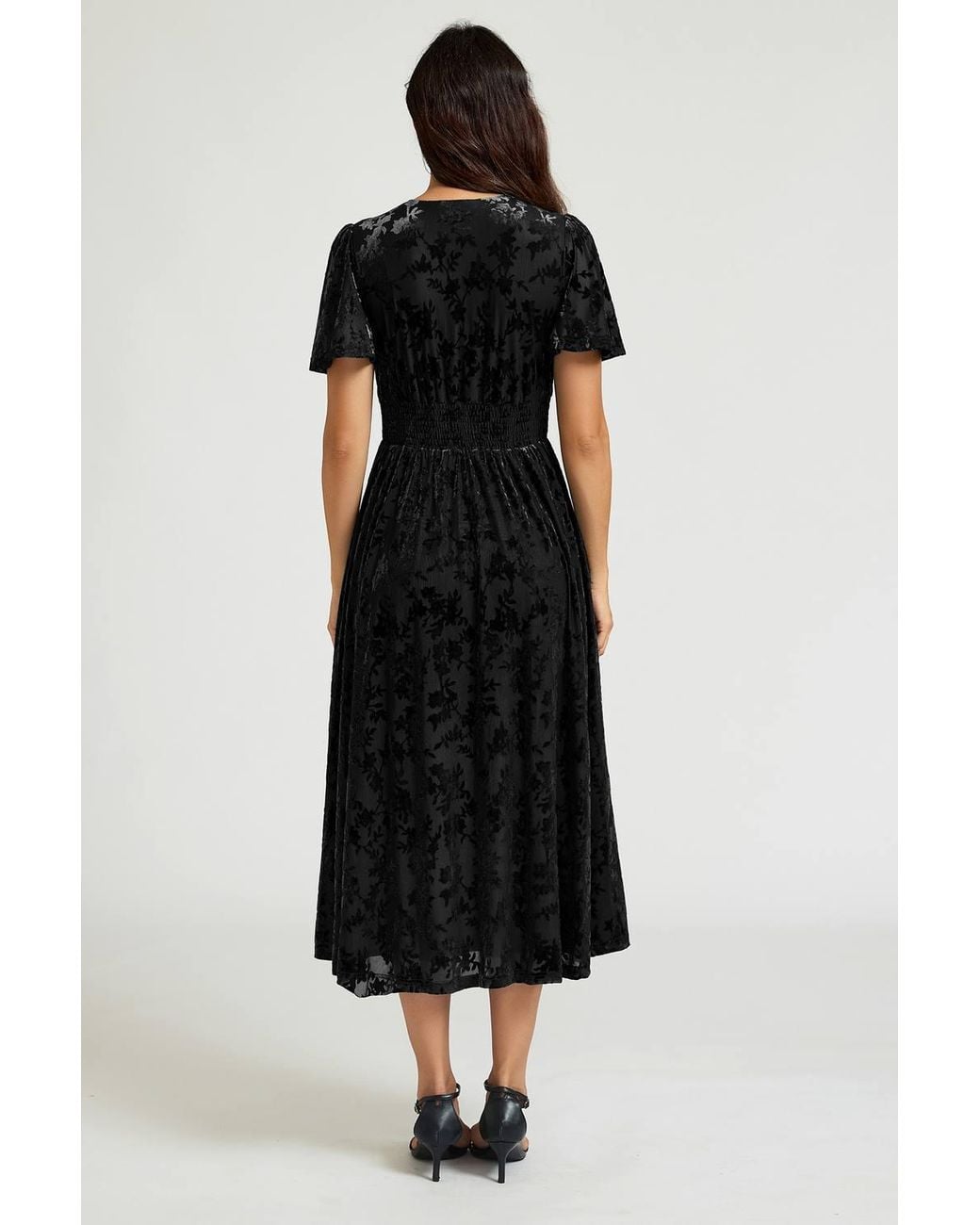FS Collection Black Floral Velvet Devore V Neckline Dress