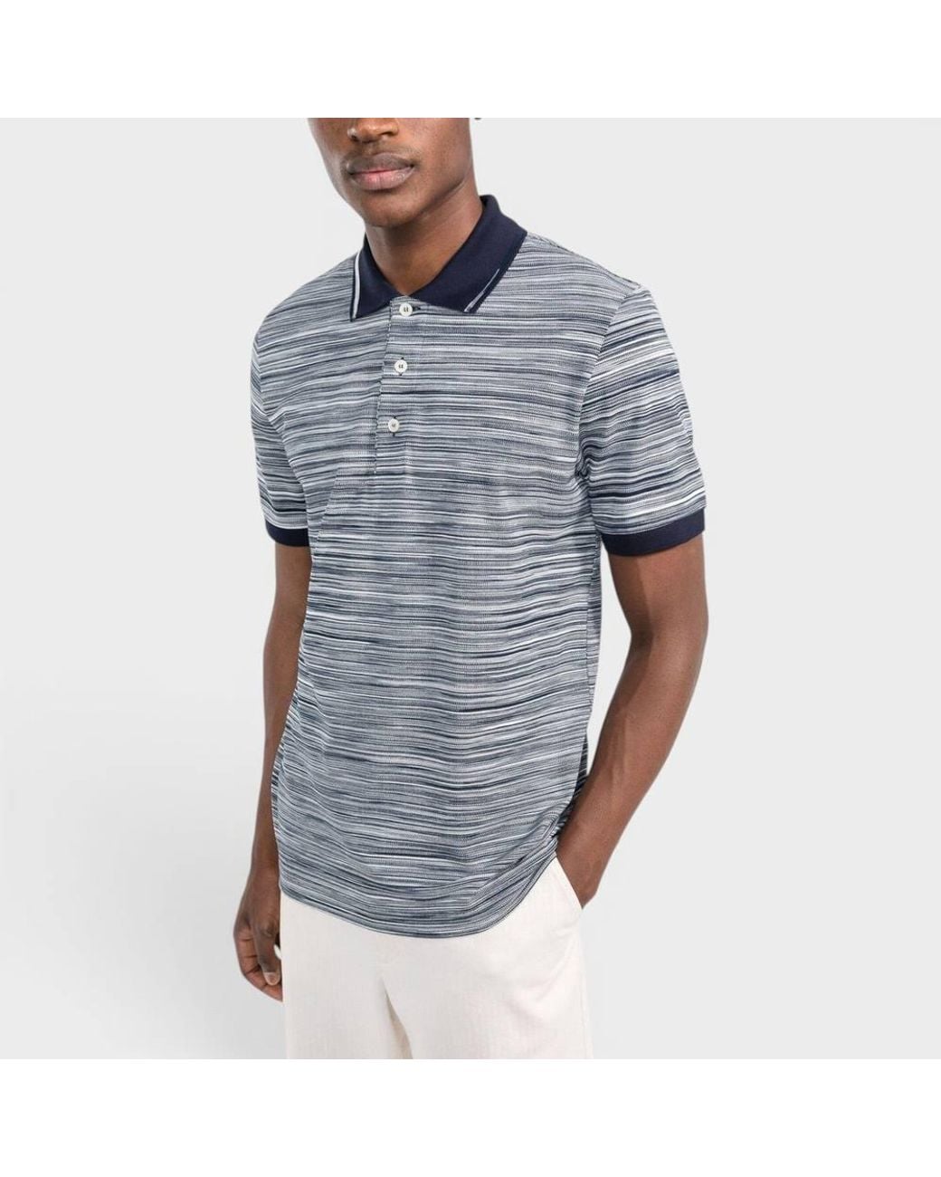 Missoni Gray Striped Contrast Collar Polo Shirt Space Dyed for men