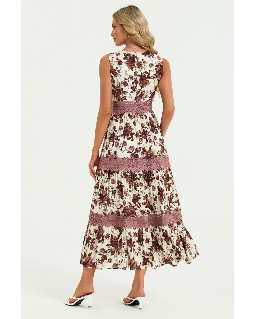 FS Collection White Floral Print Lace Detail Maxi Dress